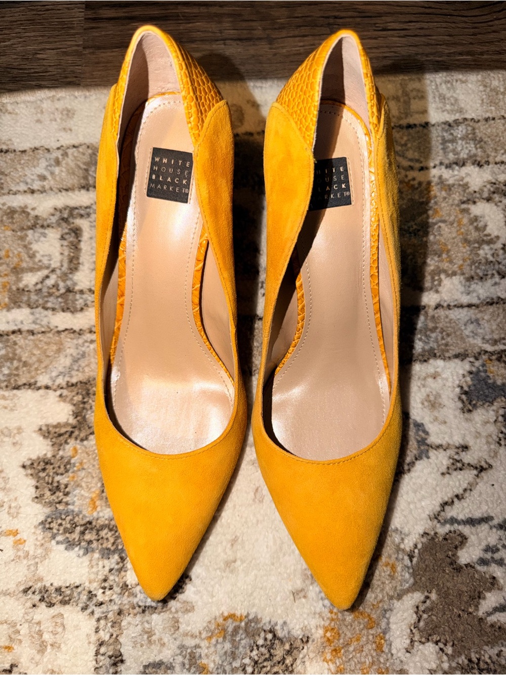 White House Black Market Olivia Heels in a honey citrine color